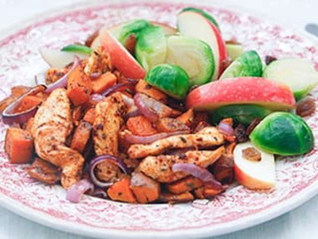 Foto Cajunkip met zoete aardappel en spruitjes