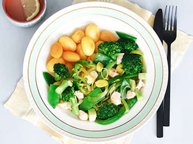 Foto Kip in het groen met gebakken krieltjes