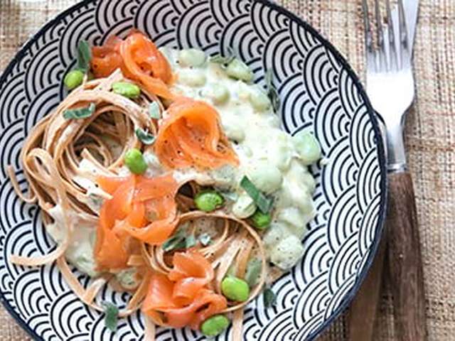 Foto Spaghetti met tuinboontjes en zalm