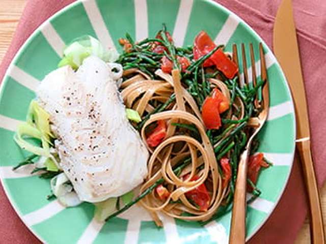 Foto Pasta met vis en zeekraal